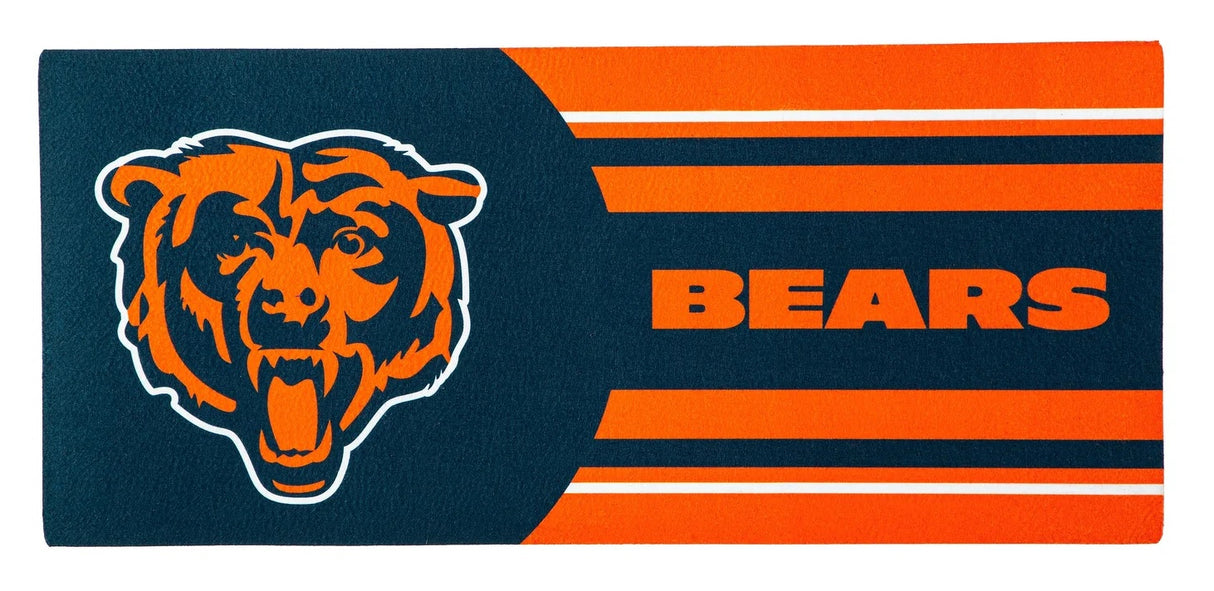 A blue and orange welcome mat with the Chicago Bears logo.