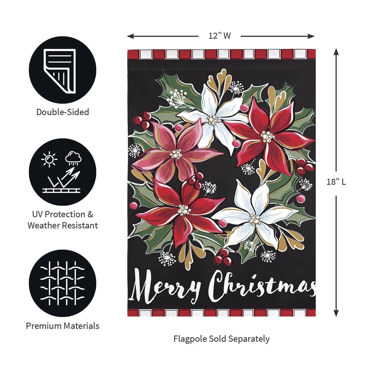 A black flag that reads "Merry Christmas" in a white, cursive font. It features a wreath made out of red, white and pink poinsettia flowers. The top and bottom border features a red and white stripe.