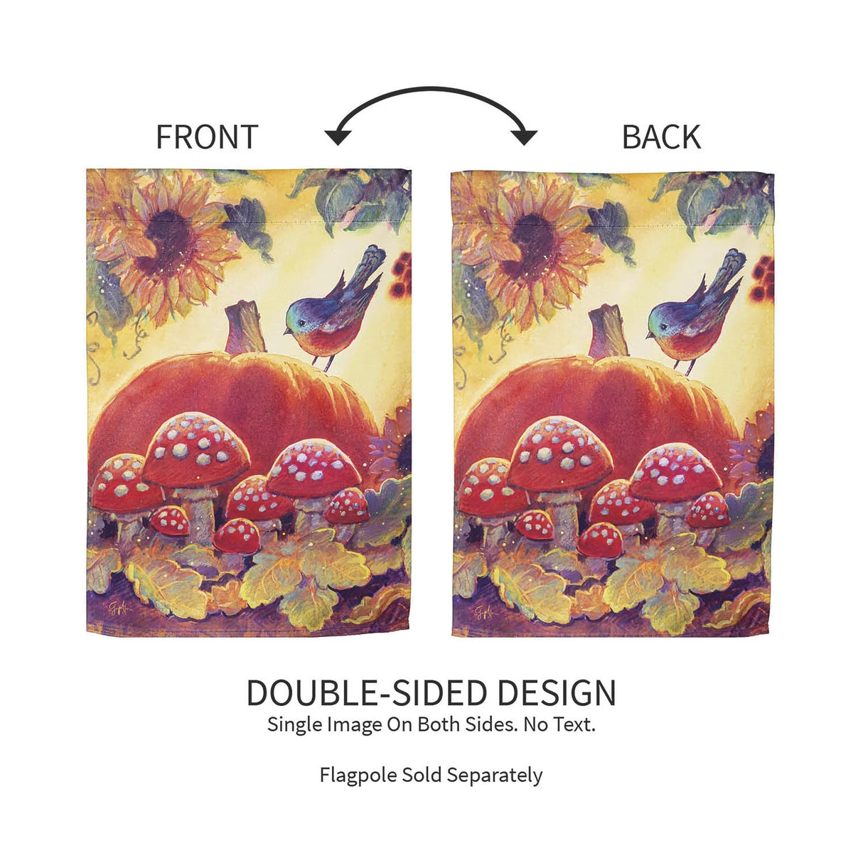 Yellow flag that features a sunflower, leaves, mushrooms, a large pumpkin and a blue bird sitting on the pumpkin.