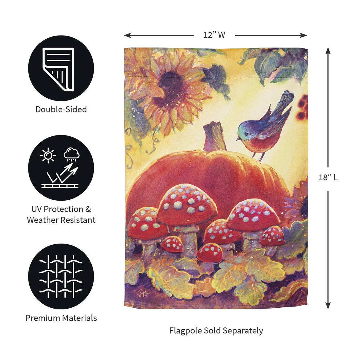 Yellow flag that features a sunflower, leaves, mushrooms, a large pumpkin and a blue bird sitting on the pumpkin.