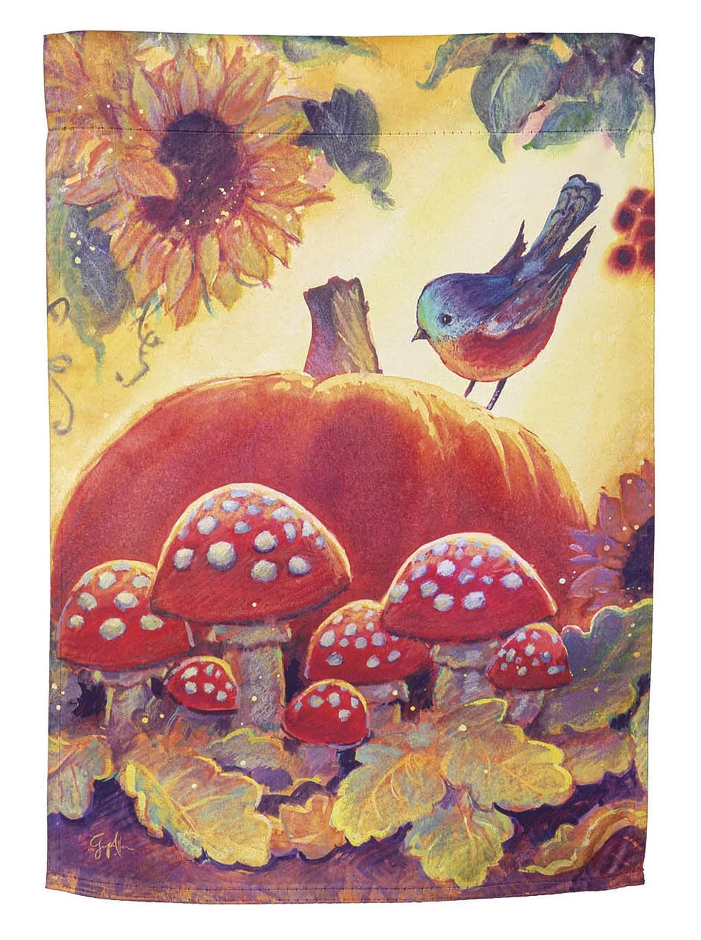 Yellow flag that features a sunflower, leaves, mushrooms, a large pumpkin and a blue bird sitting on the pumpkin.