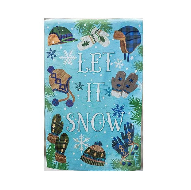 A light blue flag that reads "LET IT SNOW." The flag features different colored winter hats and gloves. There are also snowflakes and pine needles.