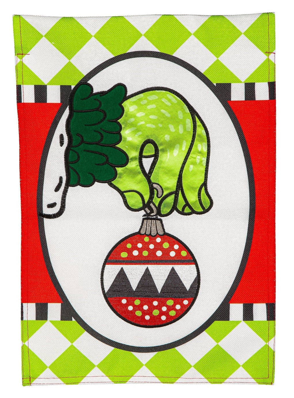 Flag with a cartoon depiction of The Grinch's green hand holding an ornament. There are also lime green diamonds, a black and white stripe and red designs.