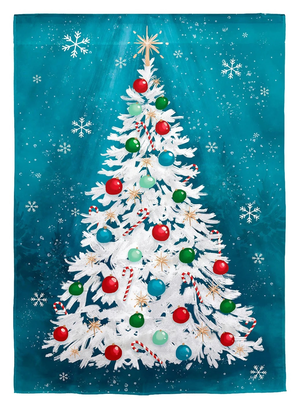 Blue flag with a white tree on it. There are multi-colored ornaments and candy canes on the tree and a gold star on top. There are also snowflakes behind the tree.