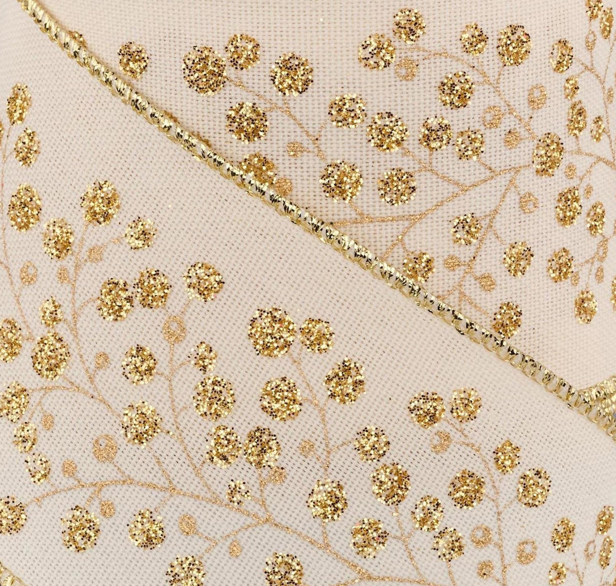 This ribbon features a gold wired edge with gold and laser gold leaves atop an ivory base.