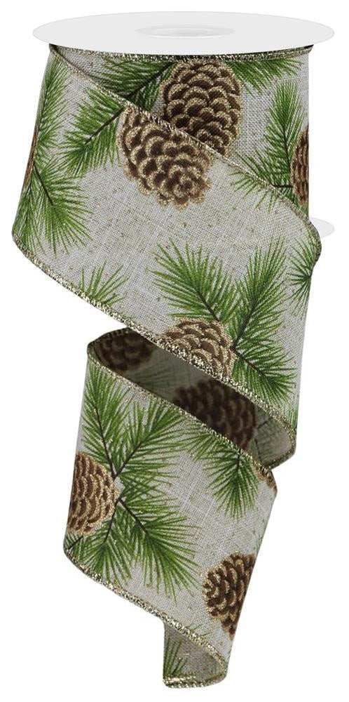 This tasteful ribbon features a wired edge with an array of pine cones and pine needles against a light beige base.