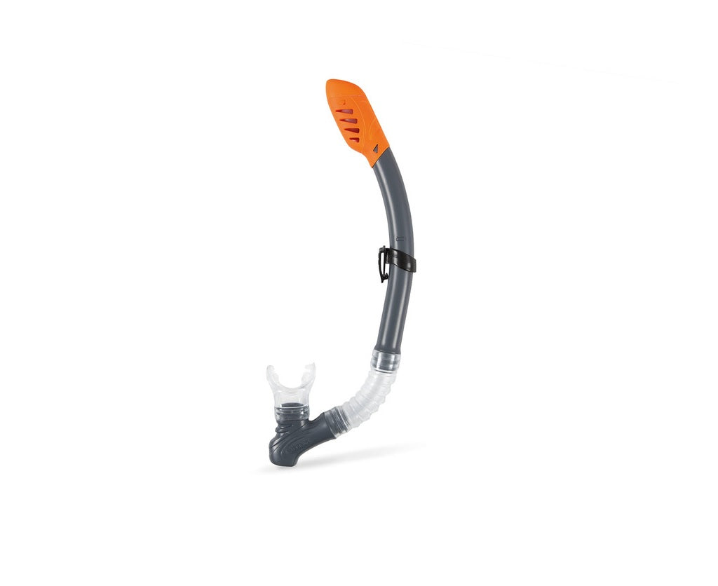 This image shows only the snorkel in the set. The snorkel is gray, the mouthpiece is clear and the top of the snorkel is orange.