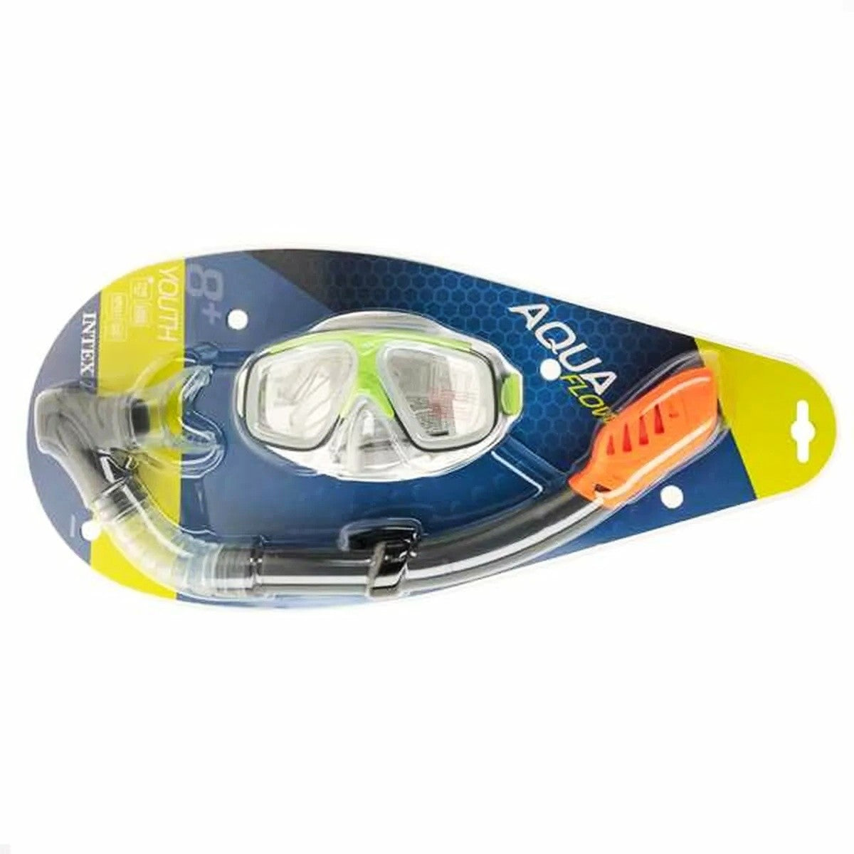 Diving set including a swimming mask and a snorkel. The swimming mask's border around the eyes is lime green and gray. The snorkel is gray, the mouthpiece is clear and the top of the snorkel is orange. This image shows the packaging it comes in.
