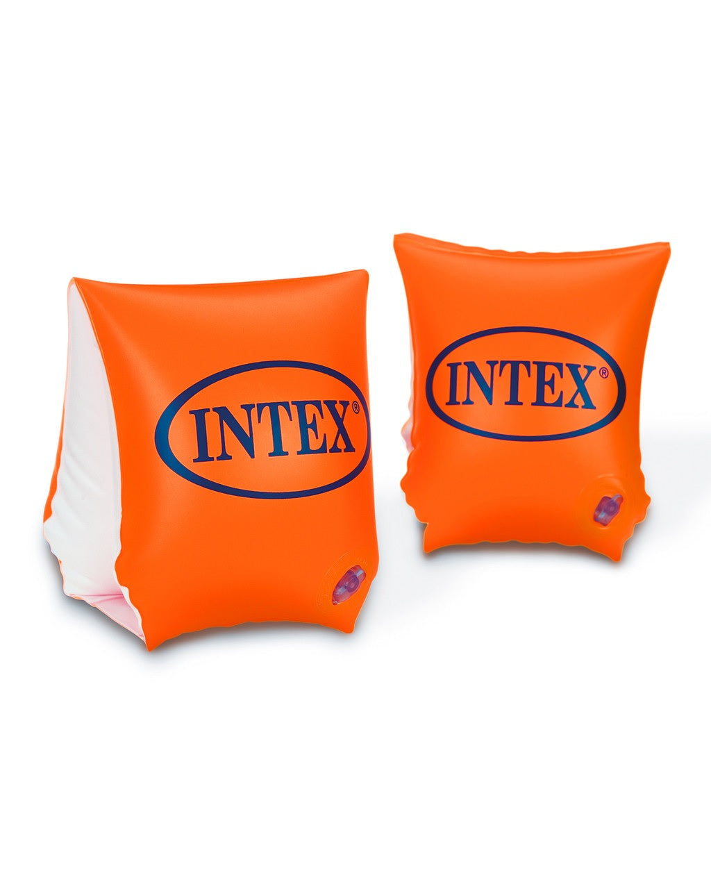 Neon orange colored inflatable arm bands for children. The Intex vendor logo is printed on both. The inside of the inflatable is white.