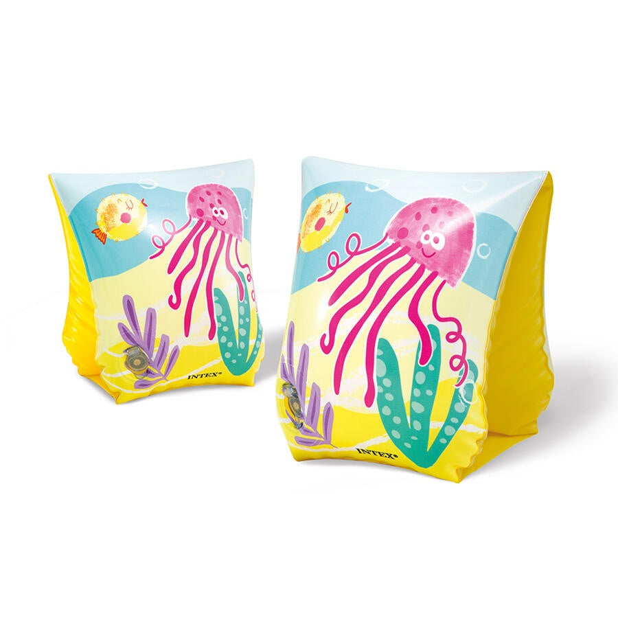 This image shows the side of the arm bands with the pink octopus and the yellow fish.