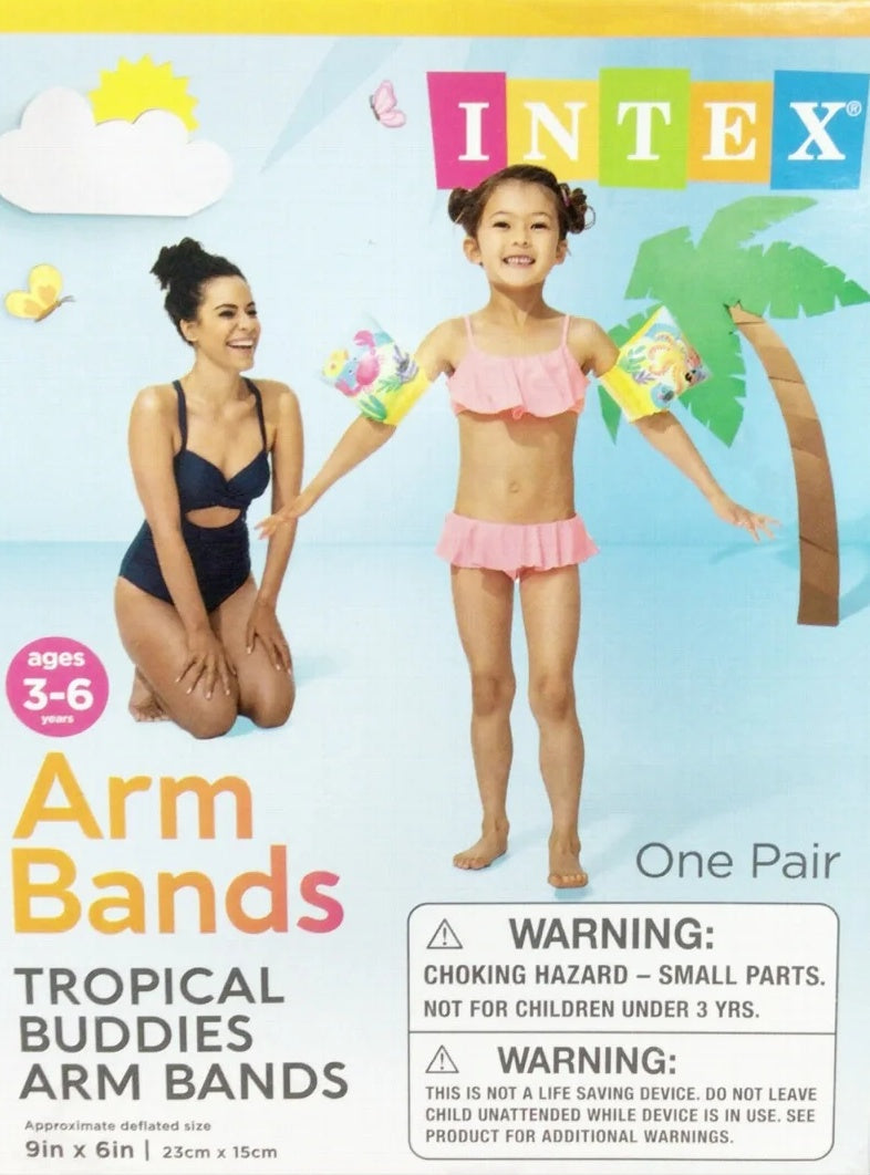 This is the packaging that these swim bands come in. It reads "Intex arm bands. Tropical Buddies Arm Bands. Ages 3-6. One pair."