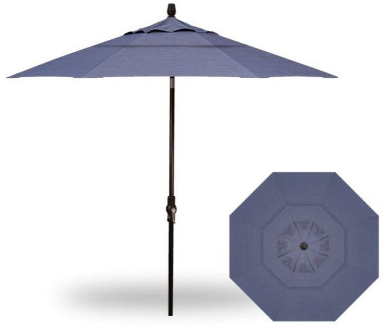 A pale blue colored market umbrella with a black pole.