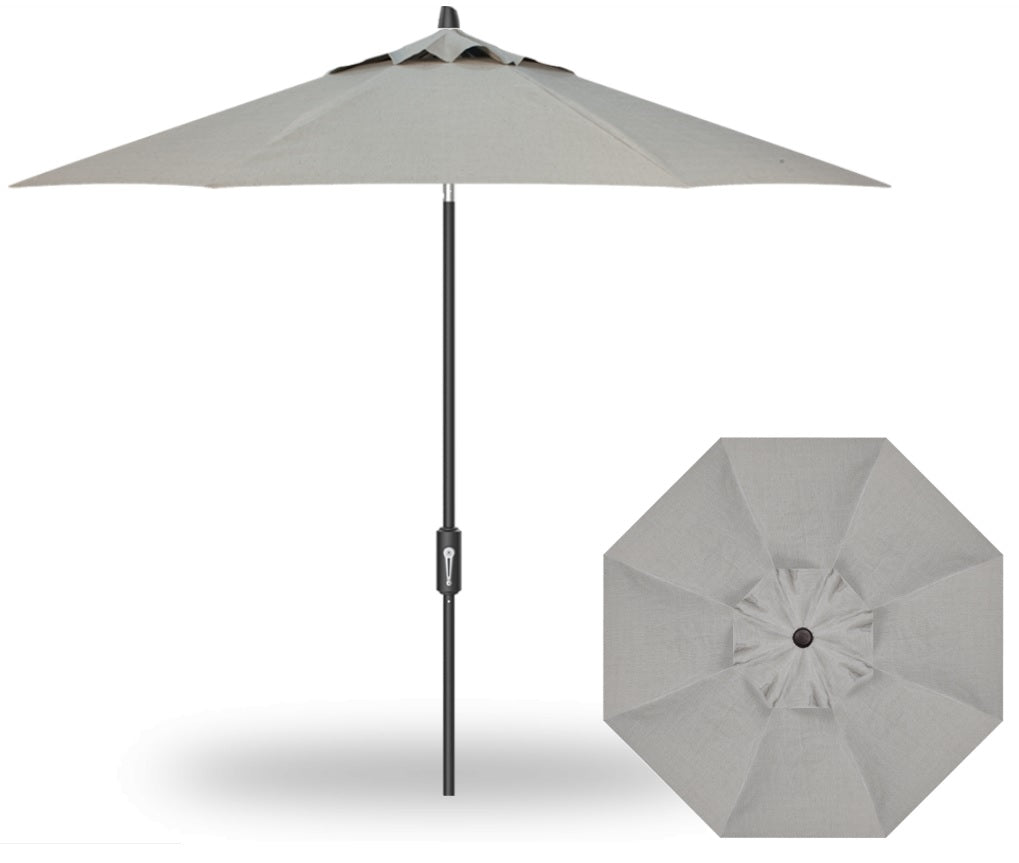 A silver linen colored market umbrella with a black pole.
