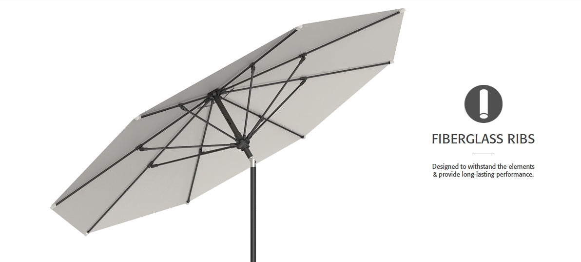 This image shows the umbrella tilted so you can see the fiberglass ribs underneath the umbrella. It was designed to withstand the elements and provide long-lasting performance.
