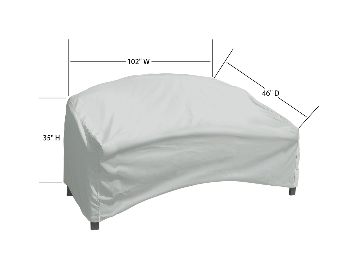 This image shows the dimensions of this particular outdoor furniture cover. It measures 46 inches in diameter. It measures 102 inches wide and 35 inches tall.