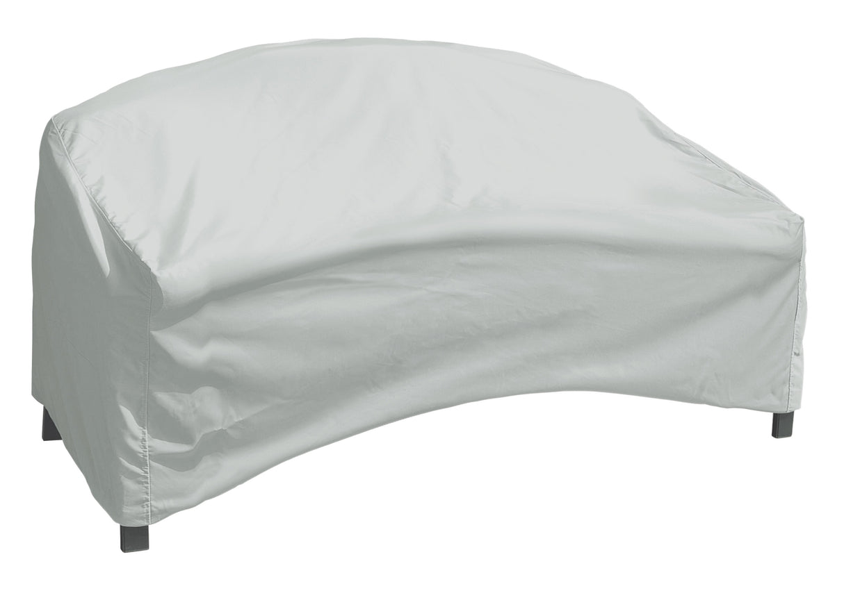 Protective outdoor furniture cover. The color is light gray. It fits a curved sofa.