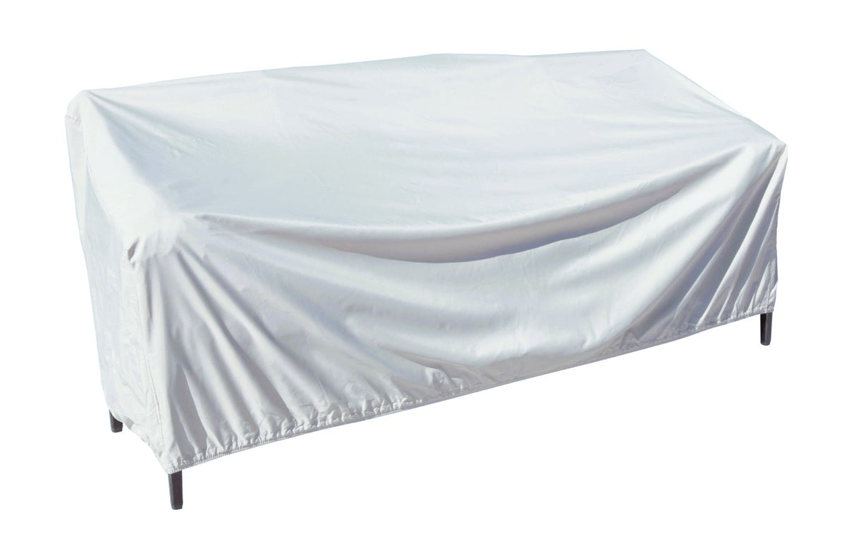 Protective outdoor furniture cover. The color is light gray. It fits an extra large sofa.