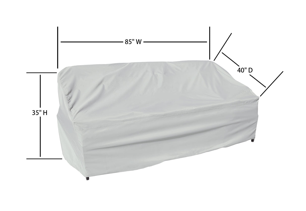 This image shows the dimensions of this particular outdoor furniture cover. It measures 40 inches in diameter. It measures 85 inches wide and 35 inches tall.