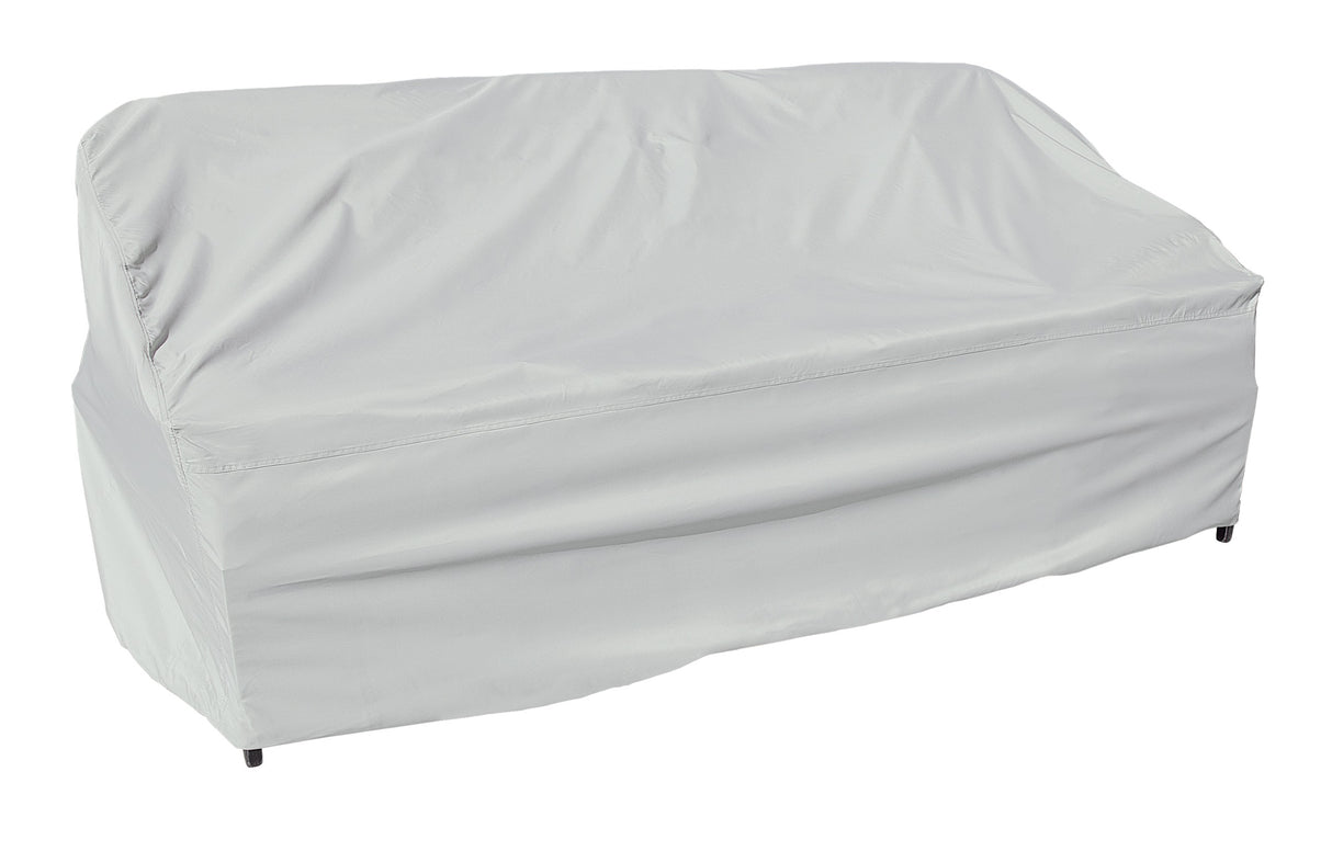 Protective outdoor furniture cover. The color is light gray. It fits a large sofa.