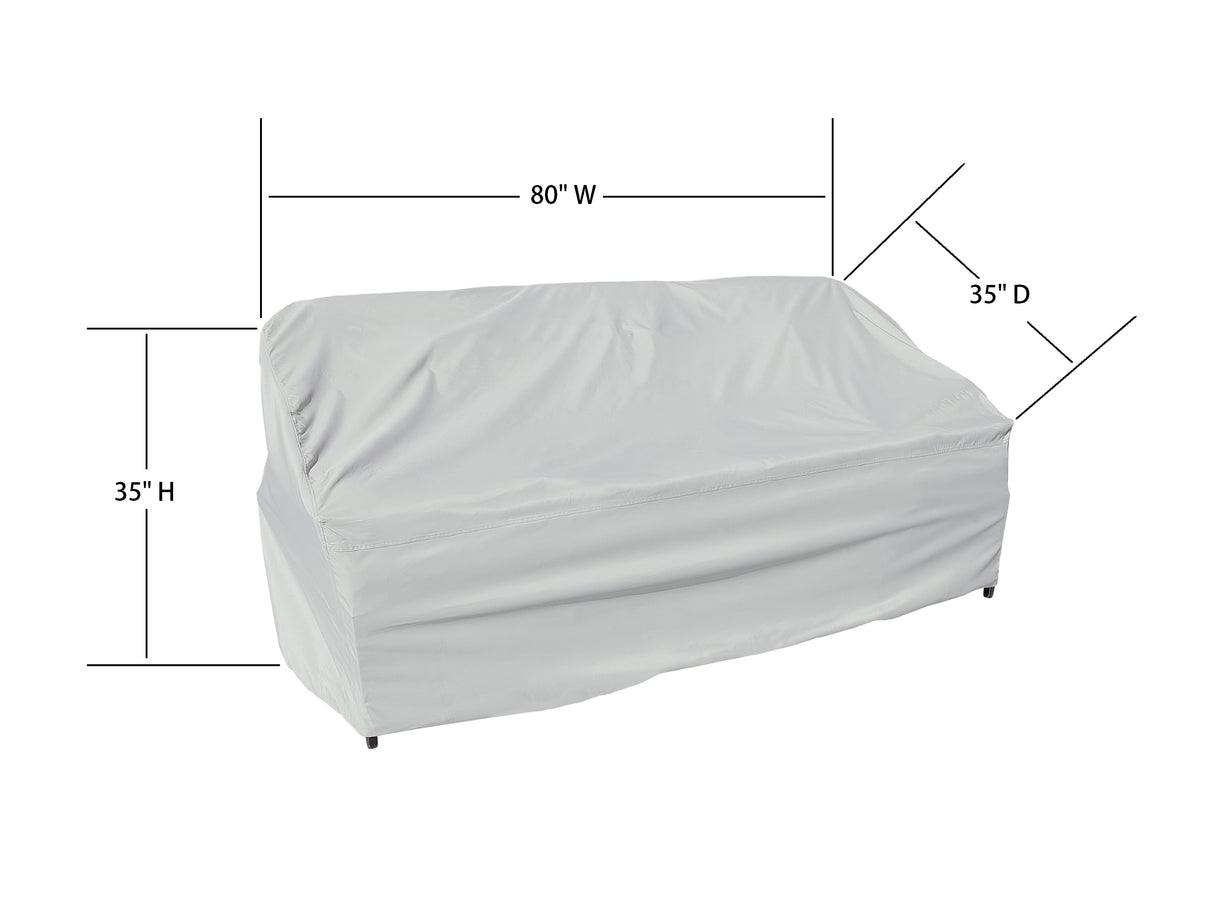 This image shows the dimensions of this particular outdoor furniture cover. It measures 35 inches in diameter. It measures 80 inches wide and 35 inches tall.