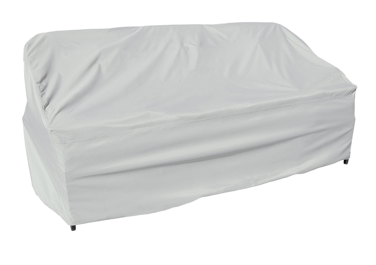 Protective outdoor furniture cover. The color is light gray. It fits an outdoor sofa.