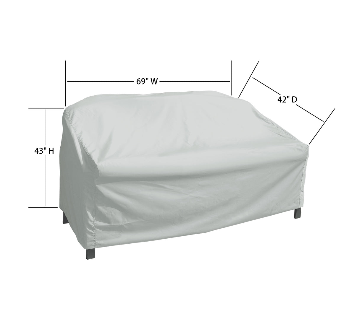 This image shows the dimensions of this particular outdoor furniture cover. It measures 42 inches in diameter. It measures 69 inches wide and 43 inches tall.