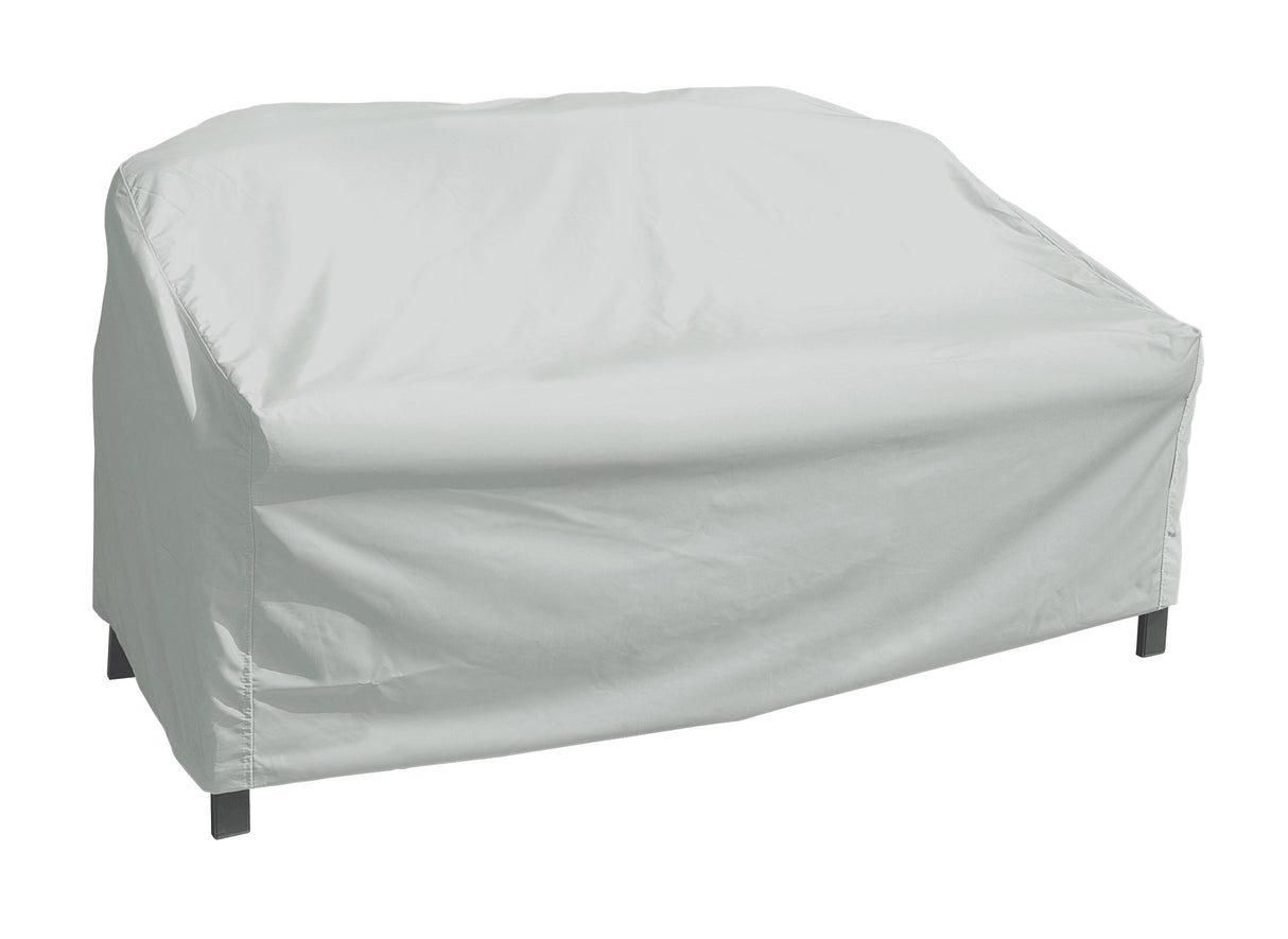 Protective outdoor furniture cover. The color is light gray. It fits an extra large loveseat.
