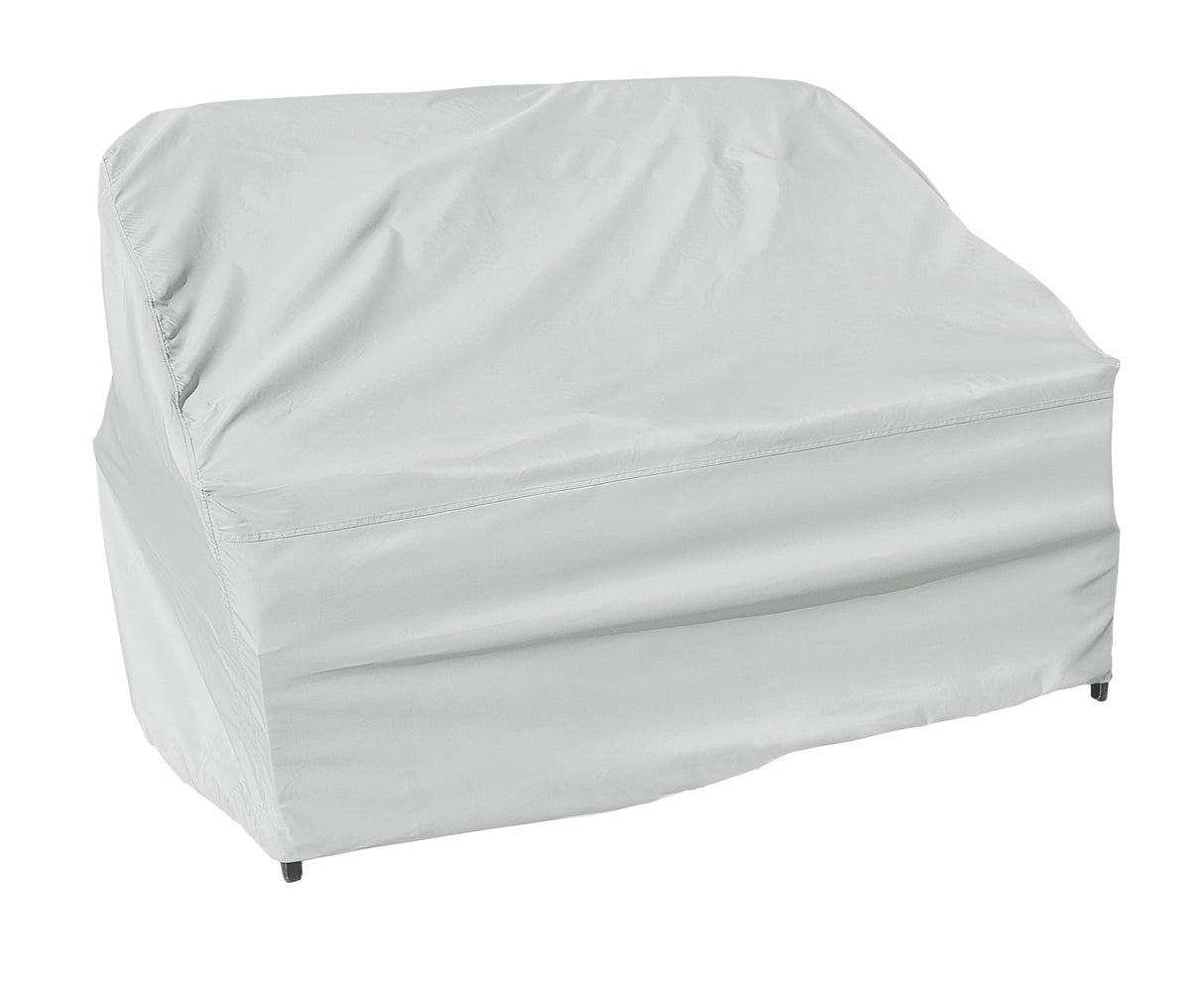 Protective outdoor furniture cover. The color is light gray. It fits a large loveseat.