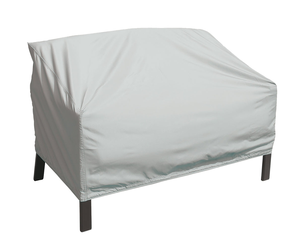 Protective outdoor furniture cover. The color is light gray. It fits a loveseat.