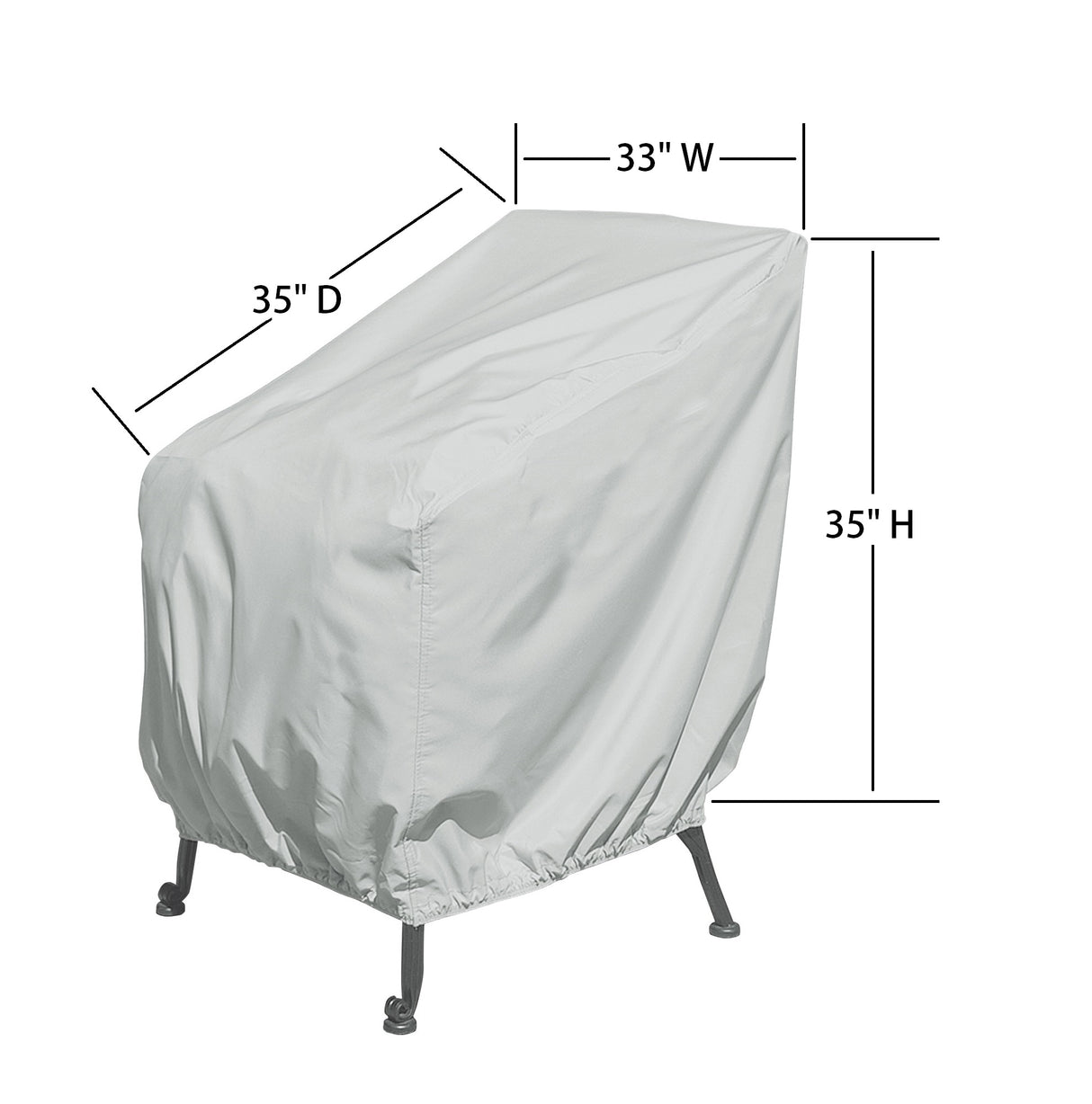 This image shows the dimensions of this particular outdoor furniture cover. It measures 35 inches in diameter. It measures 33 inches wide and 35 inches tall.