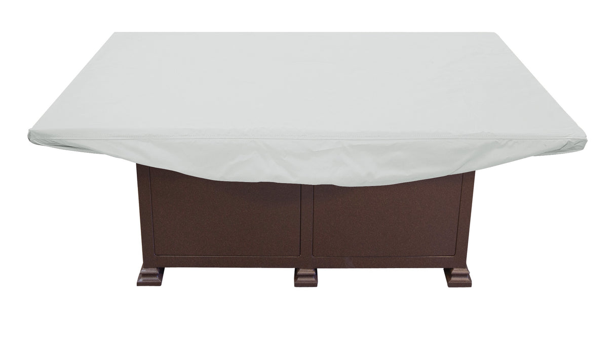 Protective outdoor furniture cover. The color is light gray. It fits an X-Large Rectangle Fire Pit/Table/Ottoman
with elastic and spring cinch lock.