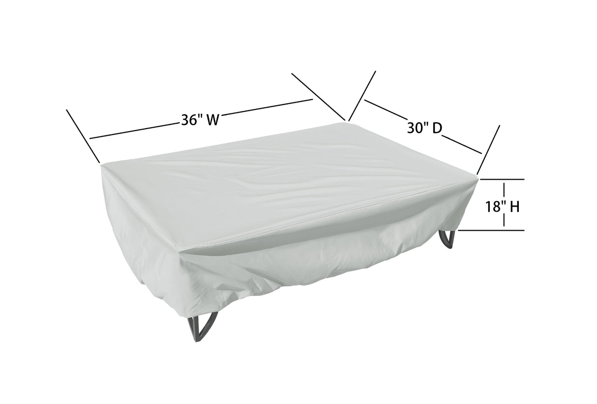This image shows the dimensions of this particular outdoor furniture cover. It measures 30 inches in diameter. It measures 36 inches wide and 18 inches tall.