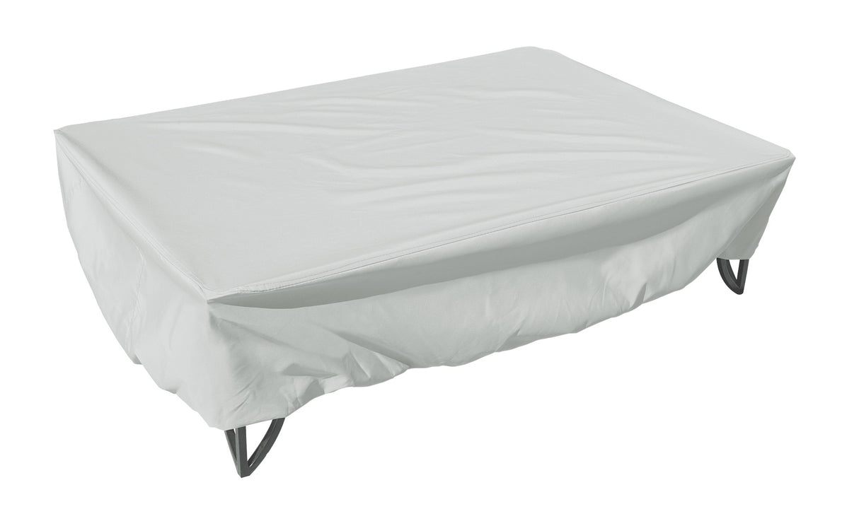 Protective outdoor furniture cover. The color is light gray. It fits Medium Rectangle Fire Pit/Table/Ottoman
with elastic and spring cinch lock.