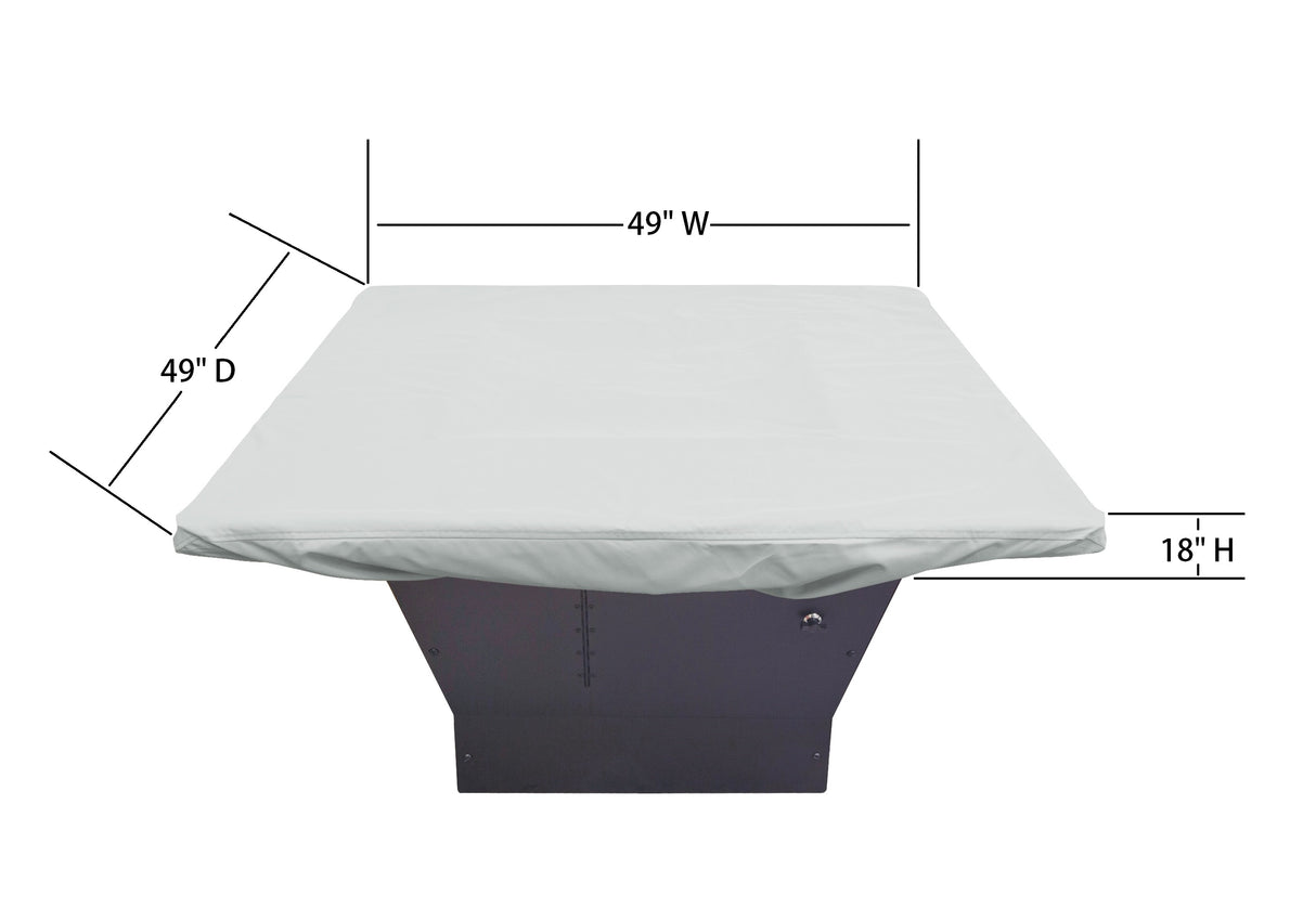 This image shows the dimensions of this particular outdoor furniture cover. It measures 49 inches in diameter. It measures 49 inches wide and 18 inches tall.