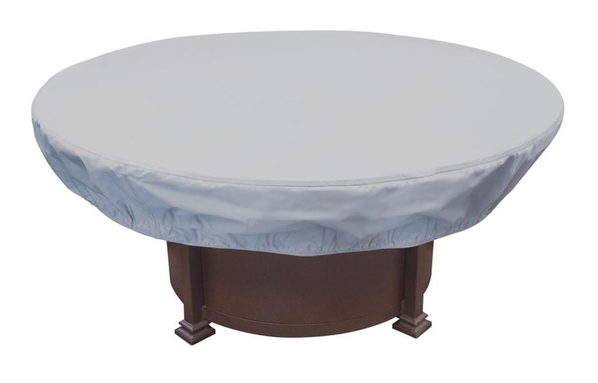 Protective outdoor furniture cover. The color is light gray. It fits 48" to 54" Round Fire Pit/Table/Ottoman
with elastic and spring cinch lock.