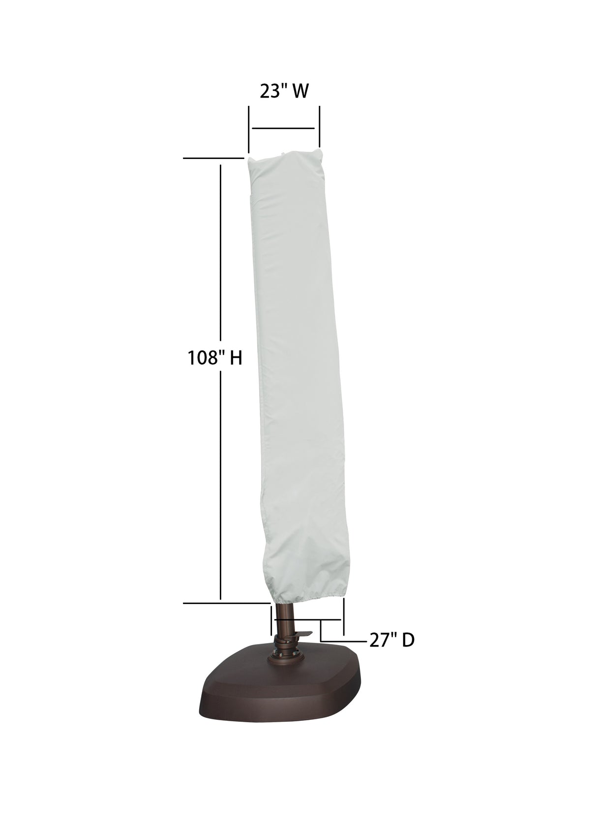 This image shows the dimensions of this particular outdoor furniture cover. It measures 27 inches in diameter. It measures 23 inches wide and 108 inches tall.