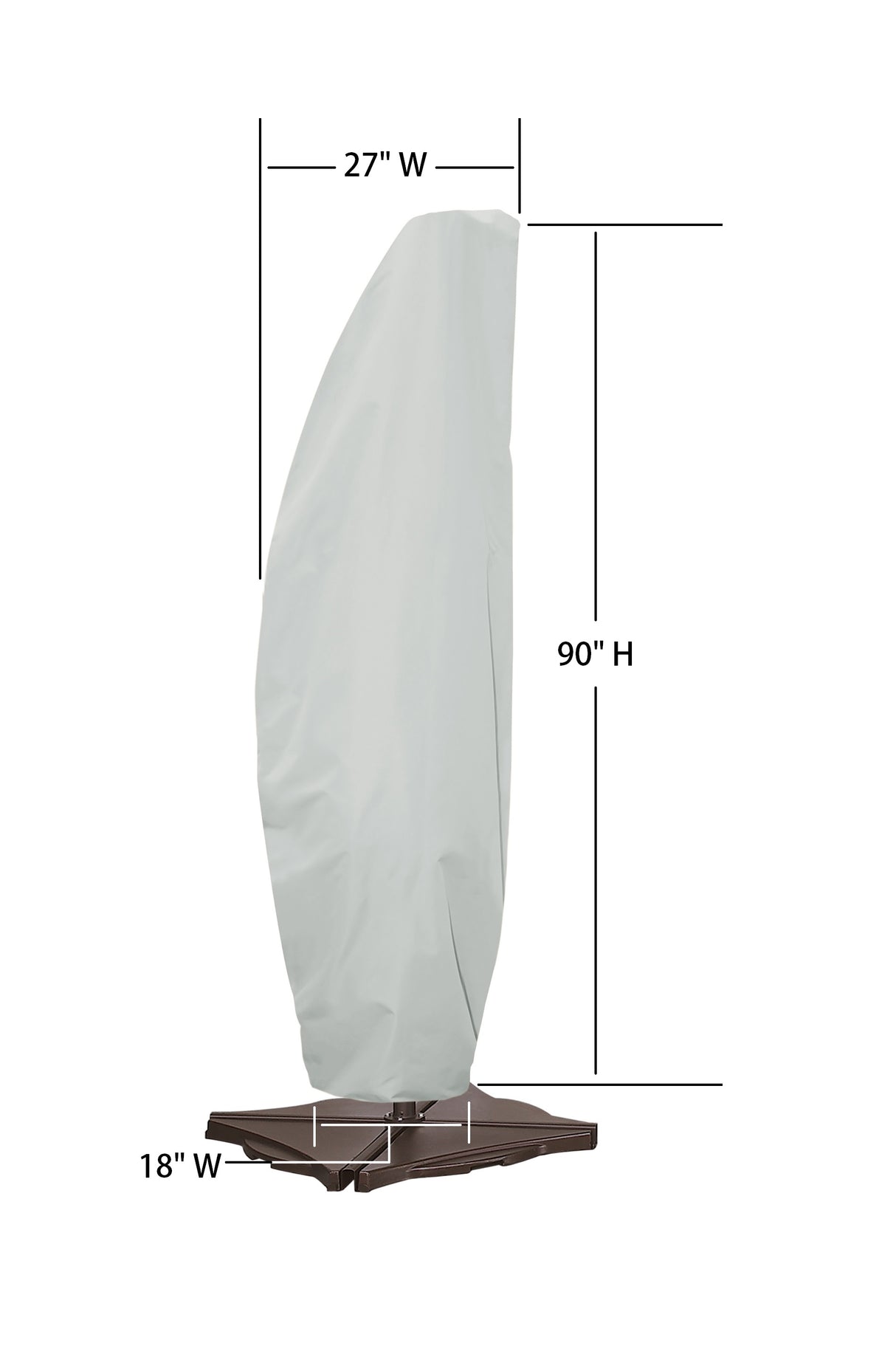 This image shows the dimensions of this particular outdoor furniture cover. It measures 27 inches in diameter. It measures 18 inches wide and 90 inches tall.