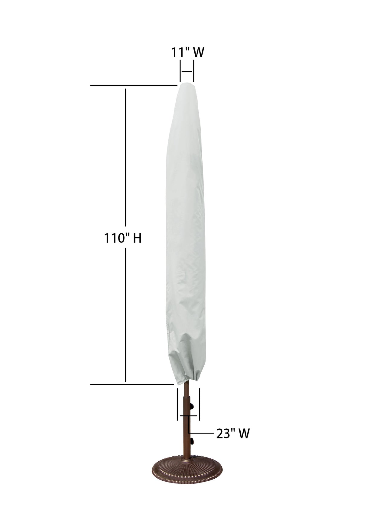 This image shows the dimensions of this particular outdoor furniture cover. It measures 11 inches in diameter. It measures 23 inches wide and 110 inches tall.
