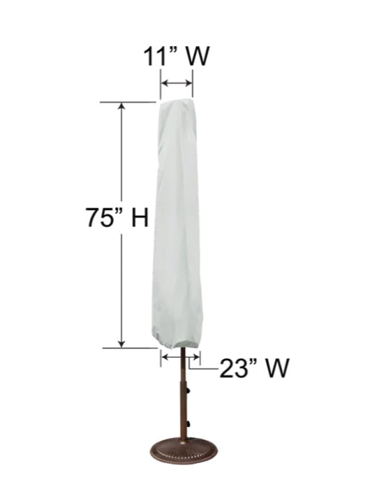This image shows the dimensions of this particular outdoor furniture cover. It measures 11 inches in diameter. It measures 23 inches wide and 75 inches tall.