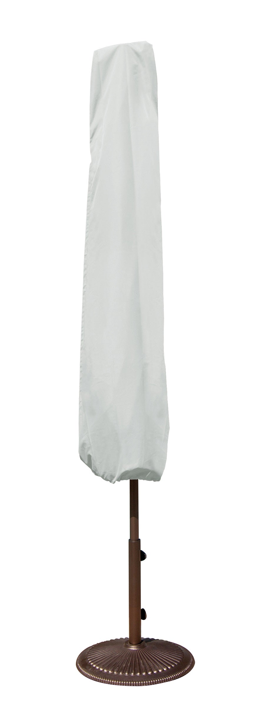 Protective outdoor furniture cover. The color is light gray. It fits a 9 ft. to 11 ft. market style umbrellas.