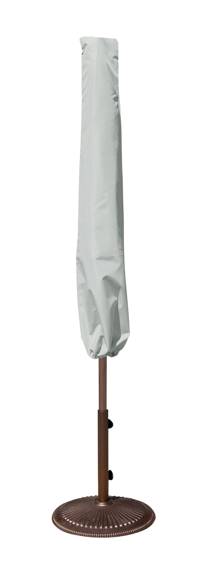 Protective outdoor furniture cover. The color is light gray. It fits 6 ft. to 8.5 ft. market style umbrellas.