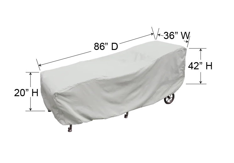 This image shows the dimensions of this particular outdoor furniture cover. It measures 86 inches in diameter. It measures 36 inches wide and 42 inches tall. The front part of the cover measures 20 inches tall.