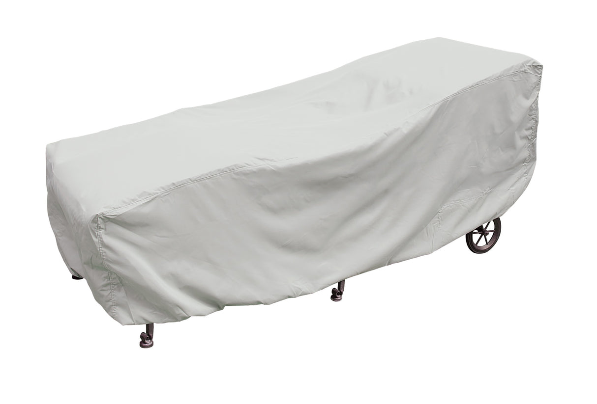 Protective outdoor furniture cover. The color is light gray. It fits a large chaise lounge.