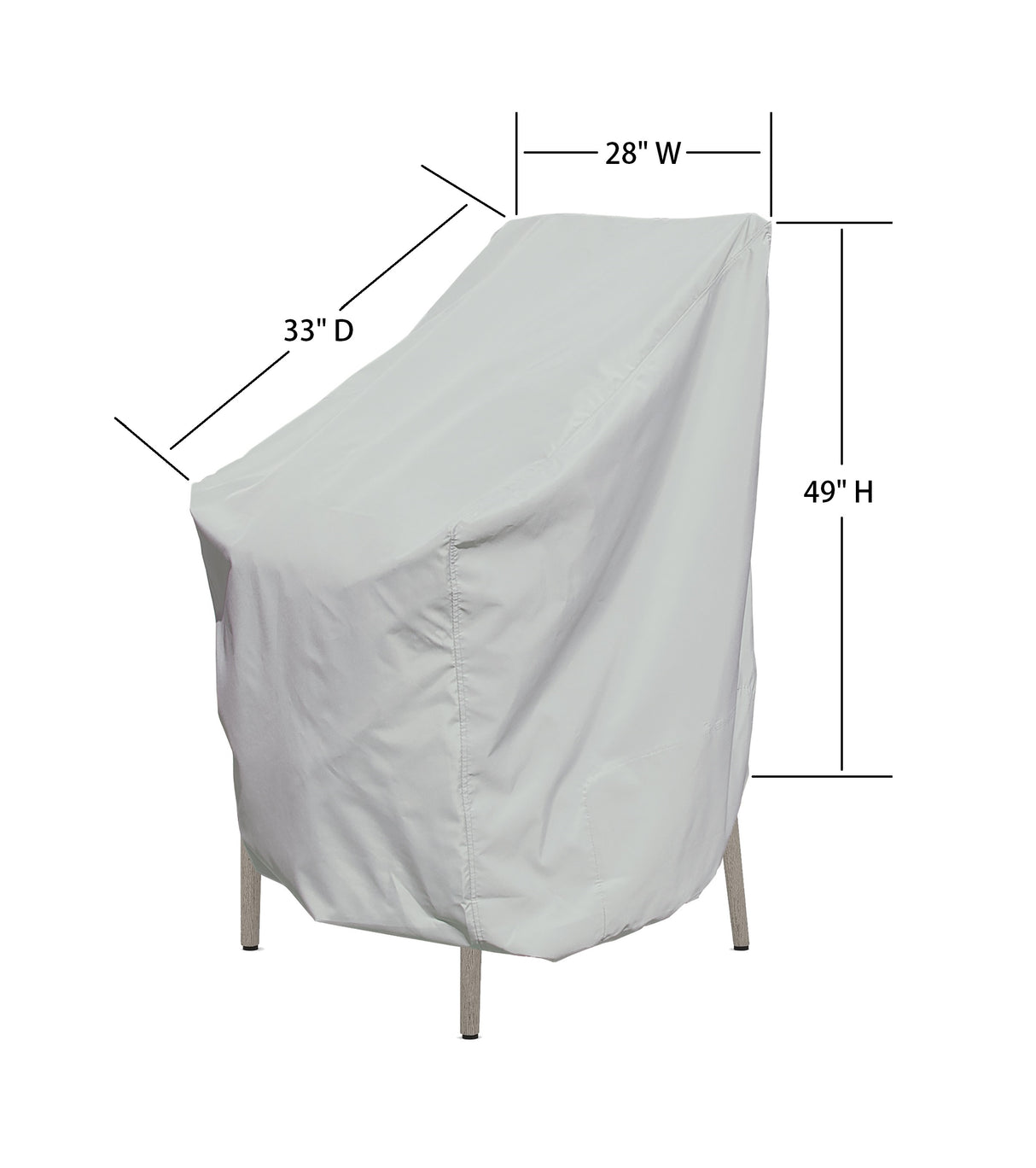 This image shows the dimensions of this particular outdoor furniture cover. It measures 33 inches in diameter. It measures 28 inches wide and 49 inches tall.