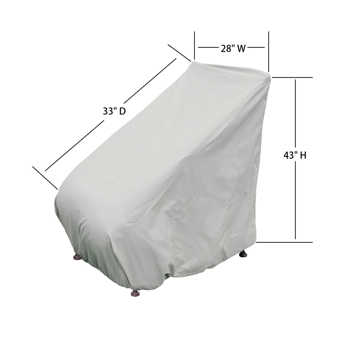 This image shows the dimensions of this particular outdoor furniture cover. It measures 33 inches in diameter. It measures 28 inches wide and 43 inches tall.