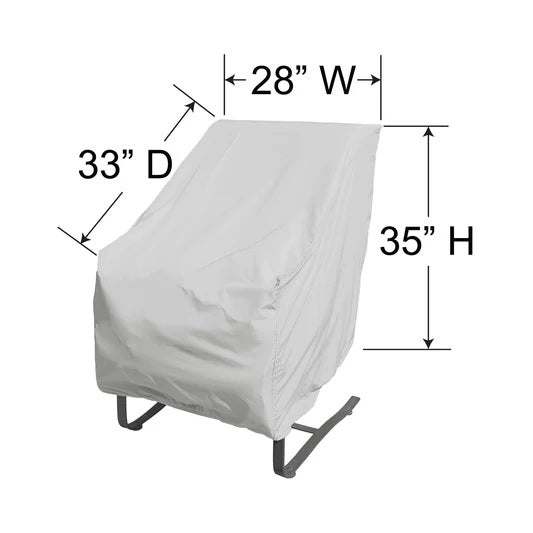 This image shows the dimensions of this particular outdoor furniture cover. It measures 33 inches in diameter. It measures 28 inches wide and 35 inches tall.