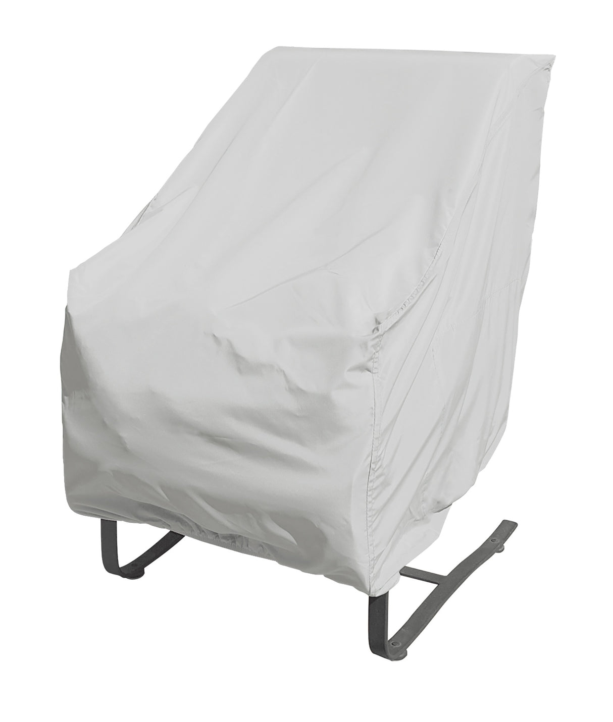 Protective outdoor furniture cover. The color is light gray. It fits a dining chair.