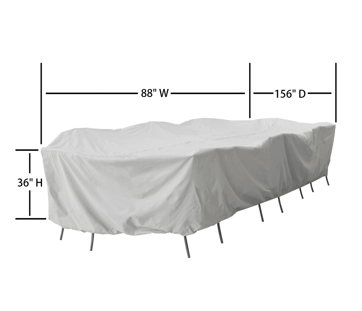 This image shows the dimensions of this particular outdoor furniture cover. It measures 156 inches in diameter. It measures 88 inches wide and 36 inches tall.