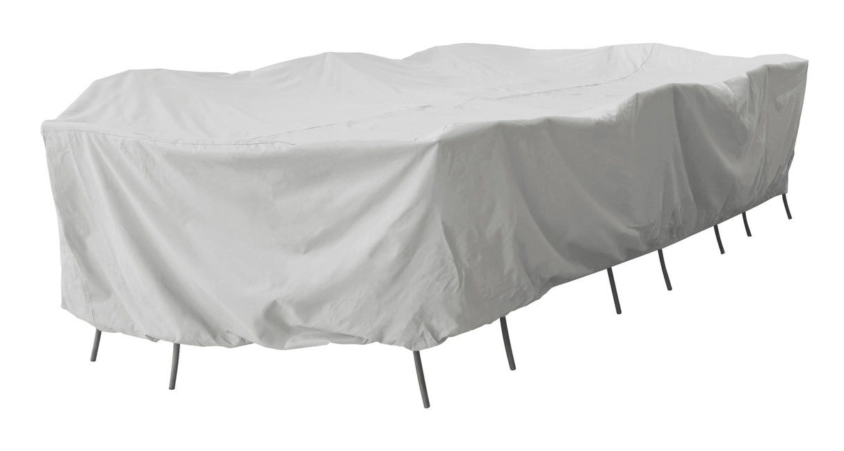 Protective outdoor furniture cover. The color is light gray. It fits X-Large Oval/Rectangle Table & Chairs.