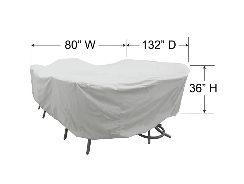 This image shows the dimensions of this particular outdoor furniture cover. It measures 132 inches in diameter. It measures 80 inches wide and 36 inches tall.